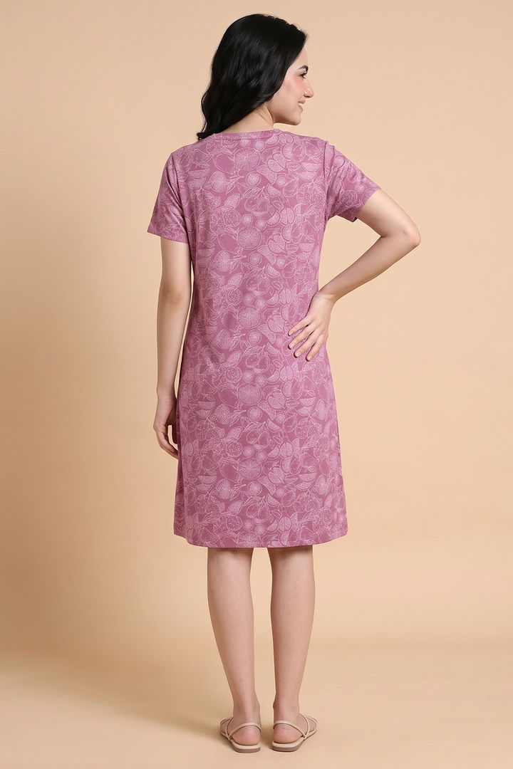 Zivame Mixed Fruit Buttersoft Knit Poly Knee Length Nightdress With In Built Camisole - Red Violet — image 3